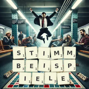 Kreative Illustration für ein Scrabble-Spiel, bei dem das Wort STIMMBEISPIELE mit Steinen auf dem Brett gelegt wurde.