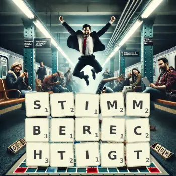 Kreative Illustration für ein Scrabble-Spiel, bei dem das Wort STIMMBERECHTIGT mit Steinen auf dem Brett gelegt wurde.