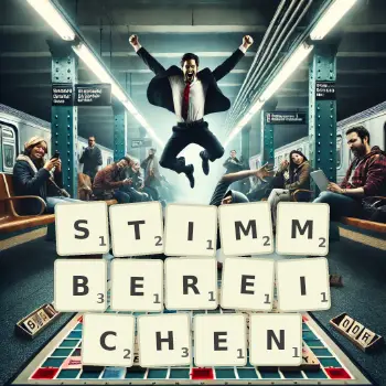 Kreative Illustration für ein Scrabble-Spiel, bei dem das Wort STIMMBEREICHEN mit Steinen auf dem Brett gelegt wurde.