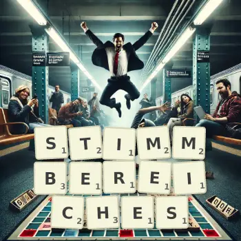 Kreative Illustration für ein Scrabble-Spiel, bei dem das Wort STIMMBEREICHES mit Steinen auf dem Brett gelegt wurde.