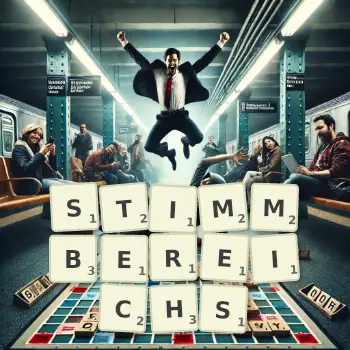 Kreative Illustration für ein Scrabble-Spiel, bei dem das Wort STIMMBEREICHS mit Steinen auf dem Brett gelegt wurde.