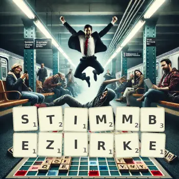 Kreative Illustration für ein Scrabble-Spiel, bei dem das Wort STIMMBEZIRKE mit Steinen auf dem Brett gelegt wurde.