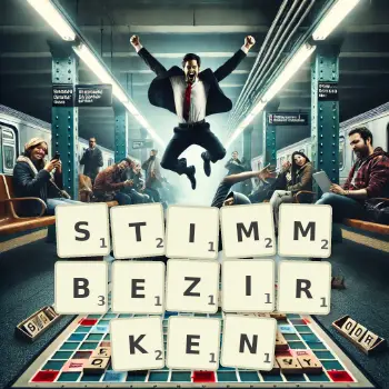 Kreative Illustration für ein Scrabble-Spiel, bei dem das Wort STIMMBEZIRKEN mit Steinen auf dem Brett gelegt wurde.