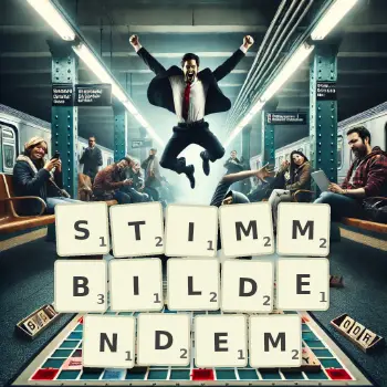 Kreative Illustration für ein Scrabble-Spiel, bei dem das Wort STIMMBILDENDEM mit Steinen auf dem Brett gelegt wurde.