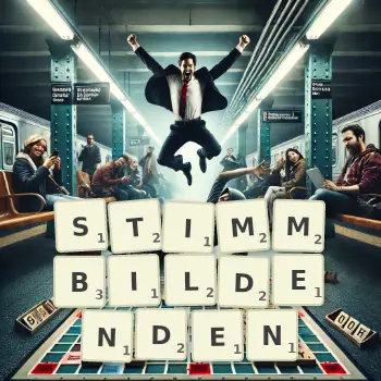 Kreative Illustration für ein Scrabble-Spiel, bei dem das Wort STIMMBILDENDEN mit Steinen auf dem Brett gelegt wurde.