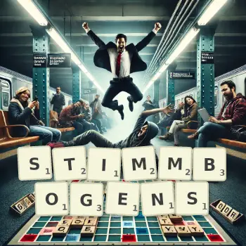 Kreative Illustration für ein Scrabble-Spiel, bei dem das Wort STIMMBOGENS mit Steinen auf dem Brett gelegt wurde.