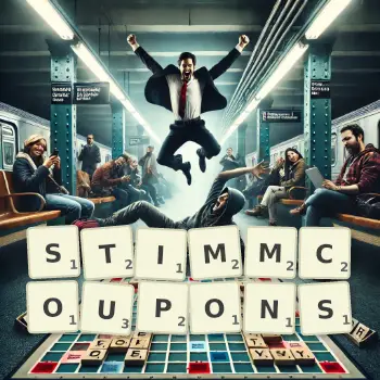 Kreative Illustration für ein Scrabble-Spiel, bei dem das Wort STIMMCOUPONS mit Steinen auf dem Brett gelegt wurde.