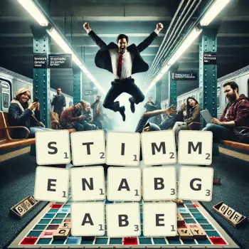 Kreative Illustration für ein Scrabble-Spiel, bei dem das Wort STIMMENABGABE mit Steinen auf dem Brett gelegt wurde.