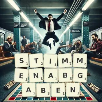 Kreative Illustration für ein Scrabble-Spiel, bei dem das Wort STIMMENABGABEN mit Steinen auf dem Brett gelegt wurde.