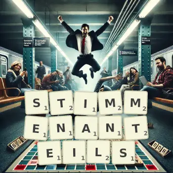 Kreative Illustration für ein Scrabble-Spiel, bei dem das Wort STIMMENANTEILS mit Steinen auf dem Brett gelegt wurde.