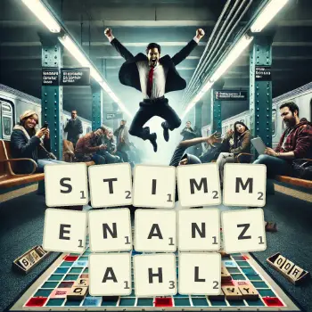 Kreative Illustration für ein Scrabble-Spiel, bei dem das Wort STIMMENANZAHL mit Steinen auf dem Brett gelegt wurde.