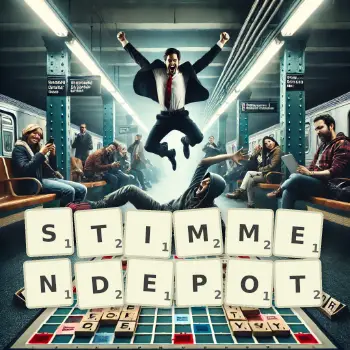 Kreative Illustration für ein Scrabble-Spiel, bei dem das Wort STIMMENDEPOT mit Steinen auf dem Brett gelegt wurde.