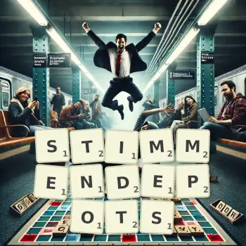 Kreative Illustration für ein Scrabble-Spiel, bei dem das Wort STIMMENDEPOTS mit Steinen auf dem Brett gelegt wurde.