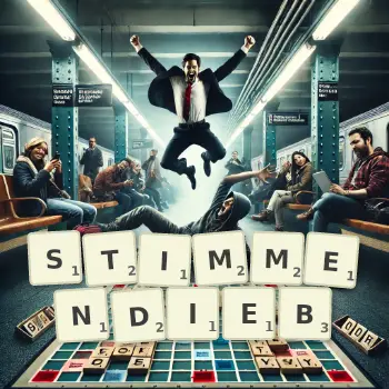 Kreative Illustration für ein Scrabble-Spiel, bei dem das Wort STIMMENDIEB mit Steinen auf dem Brett gelegt wurde.