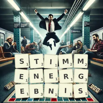 Kreative Illustration für ein Scrabble-Spiel, bei dem das Wort STIMMENERGEBNIS mit Steinen auf dem Brett gelegt wurde.