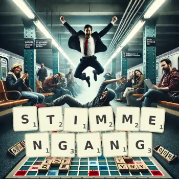 Kreative Illustration für ein Scrabble-Spiel, bei dem das Wort STIMMENGANG mit Steinen auf dem Brett gelegt wurde.