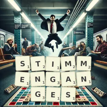 Kreative Illustration für ein Scrabble-Spiel, bei dem das Wort STIMMENGANGES mit Steinen auf dem Brett gelegt wurde.