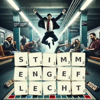 Kreative Illustration für ein Scrabble-Spiel, bei dem das Wort STIMMENGEFLECHT mit Steinen auf dem Brett gelegt wurde.