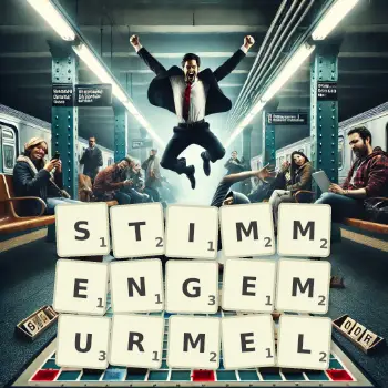Kreative Illustration für ein Scrabble-Spiel, bei dem das Wort STIMMENGEMURMEL mit Steinen auf dem Brett gelegt wurde.