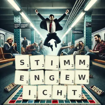 Kreative Illustration für ein Scrabble-Spiel, bei dem das Wort STIMMENGEWICHT mit Steinen auf dem Brett gelegt wurde.