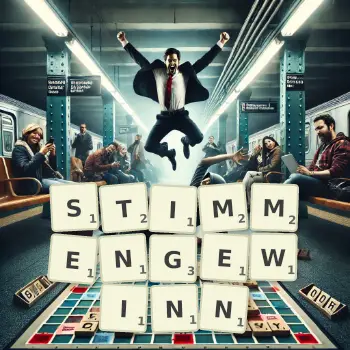 Kreative Illustration für ein Scrabble-Spiel, bei dem das Wort STIMMENGEWINN mit Steinen auf dem Brett gelegt wurde.