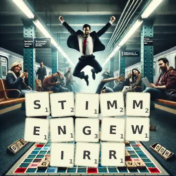 Kreative Illustration für ein Scrabble-Spiel, bei dem das Wort STIMMENGEWIRR mit Steinen auf dem Brett gelegt wurde.