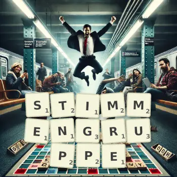 Kreative Illustration für ein Scrabble-Spiel, bei dem das Wort STIMMENGRUPPE mit Steinen auf dem Brett gelegt wurde.