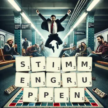 Kreative Illustration für ein Scrabble-Spiel, bei dem das Wort STIMMENGRUPPEN mit Steinen auf dem Brett gelegt wurde.