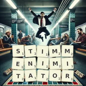 Kreative Illustration für ein Scrabble-Spiel, bei dem das Wort STIMMENIMITATOR mit Steinen auf dem Brett gelegt wurde.