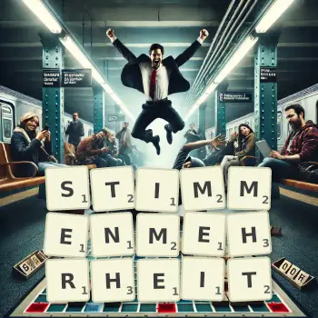 Kreative Illustration für ein Scrabble-Spiel, bei dem das Wort STIMMENMEHRHEIT mit Steinen auf dem Brett gelegt wurde.