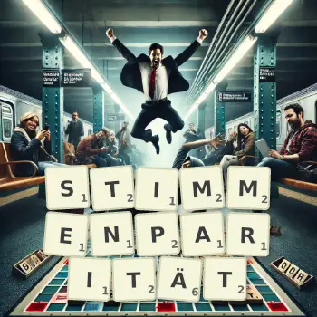Kreative Illustration für ein Scrabble-Spiel, bei dem das Wort STIMMENPARITÄT mit Steinen auf dem Brett gelegt wurde.