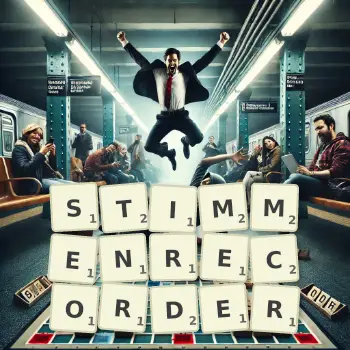 Kreative Illustration für ein Scrabble-Spiel, bei dem das Wort STIMMENRECORDER mit Steinen auf dem Brett gelegt wurde.