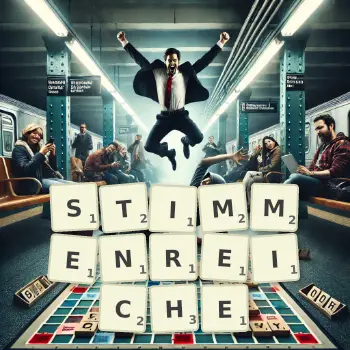 Kreative Illustration für ein Scrabble-Spiel, bei dem das Wort STIMMENREICHE mit Steinen auf dem Brett gelegt wurde.