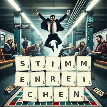 Kreative Illustration für ein Scrabble-Spiel, bei dem das Wort STIMMENREICHEN mit Steinen auf dem Brett gelegt wurde.