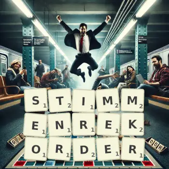 Kreative Illustration für ein Scrabble-Spiel, bei dem das Wort STIMMENREKORDER mit Steinen auf dem Brett gelegt wurde.