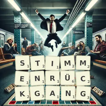 Kreative Illustration für ein Scrabble-Spiel, bei dem das Wort STIMMENRÜCKGANG mit Steinen auf dem Brett gelegt wurde.