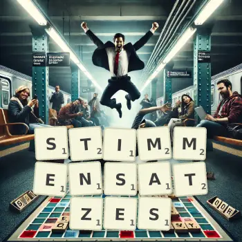 Kreative Illustration für ein Scrabble-Spiel, bei dem das Wort STIMMENSATZES mit Steinen auf dem Brett gelegt wurde.