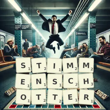 Kreative Illustration für ein Scrabble-Spiel, bei dem das Wort STIMMENSCHOTTER mit Steinen auf dem Brett gelegt wurde.