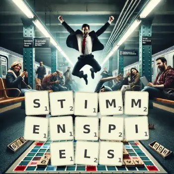 Kreative Illustration für ein Scrabble-Spiel, bei dem das Wort STIMMENSPIELS mit Steinen auf dem Brett gelegt wurde.