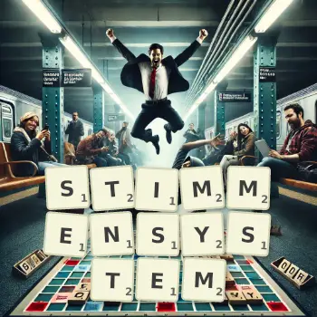 Kreative Illustration für ein Scrabble-Spiel, bei dem das Wort STIMMENSYSTEM mit Steinen auf dem Brett gelegt wurde.