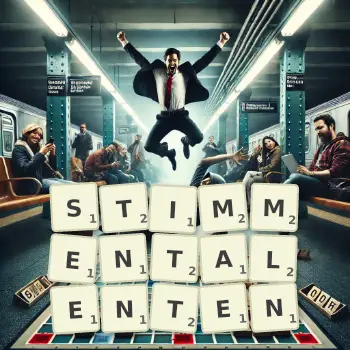 Kreative Illustration für ein Scrabble-Spiel, bei dem das Wort STIMMENTALENTEN mit Steinen auf dem Brett gelegt wurde.