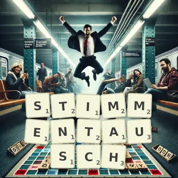 Kreative Illustration für ein Scrabble-Spiel, bei dem das Wort STIMMENTAUSCH mit Steinen auf dem Brett gelegt wurde.