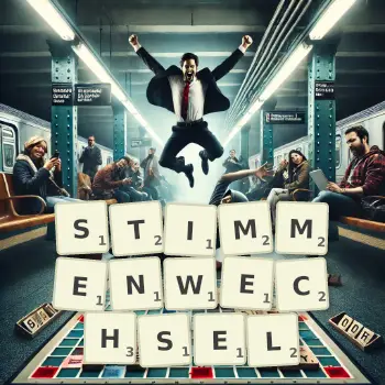 Kreative Illustration für ein Scrabble-Spiel, bei dem das Wort STIMMENWECHSEL mit Steinen auf dem Brett gelegt wurde.