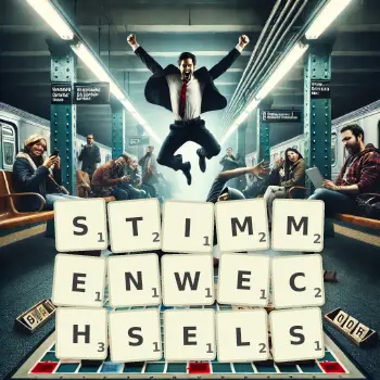 Kreative Illustration für ein Scrabble-Spiel, bei dem das Wort STIMMENWECHSELS mit Steinen auf dem Brett gelegt wurde.