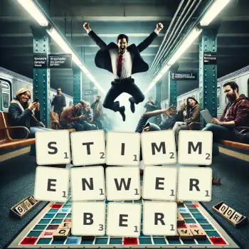 Kreative Illustration für ein Scrabble-Spiel, bei dem das Wort STIMMENWERBER mit Steinen auf dem Brett gelegt wurde.