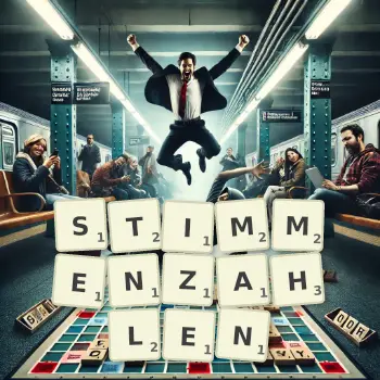 Kreative Illustration für ein Scrabble-Spiel, bei dem das Wort STIMMENZAHLEN mit Steinen auf dem Brett gelegt wurde.