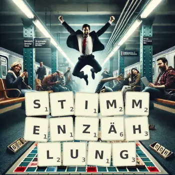 Kreative Illustration für ein Scrabble-Spiel, bei dem das Wort STIMMENZÄHLUNG mit Steinen auf dem Brett gelegt wurde.