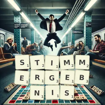Kreative Illustration für ein Scrabble-Spiel, bei dem das Wort STIMMERGEBNIS mit Steinen auf dem Brett gelegt wurde.