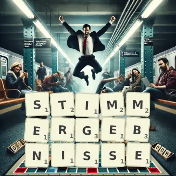 Kreative Illustration für ein Scrabble-Spiel, bei dem das Wort STIMMERGEBNISSE mit Steinen auf dem Brett gelegt wurde.