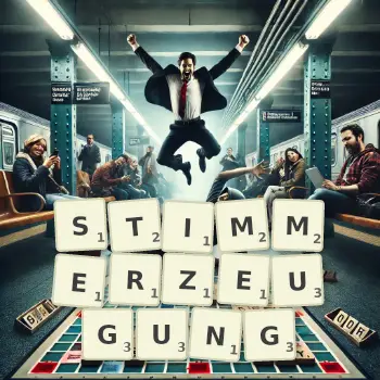 Kreative Illustration für ein Scrabble-Spiel, bei dem das Wort STIMMERZEUGUNG mit Steinen auf dem Brett gelegt wurde.